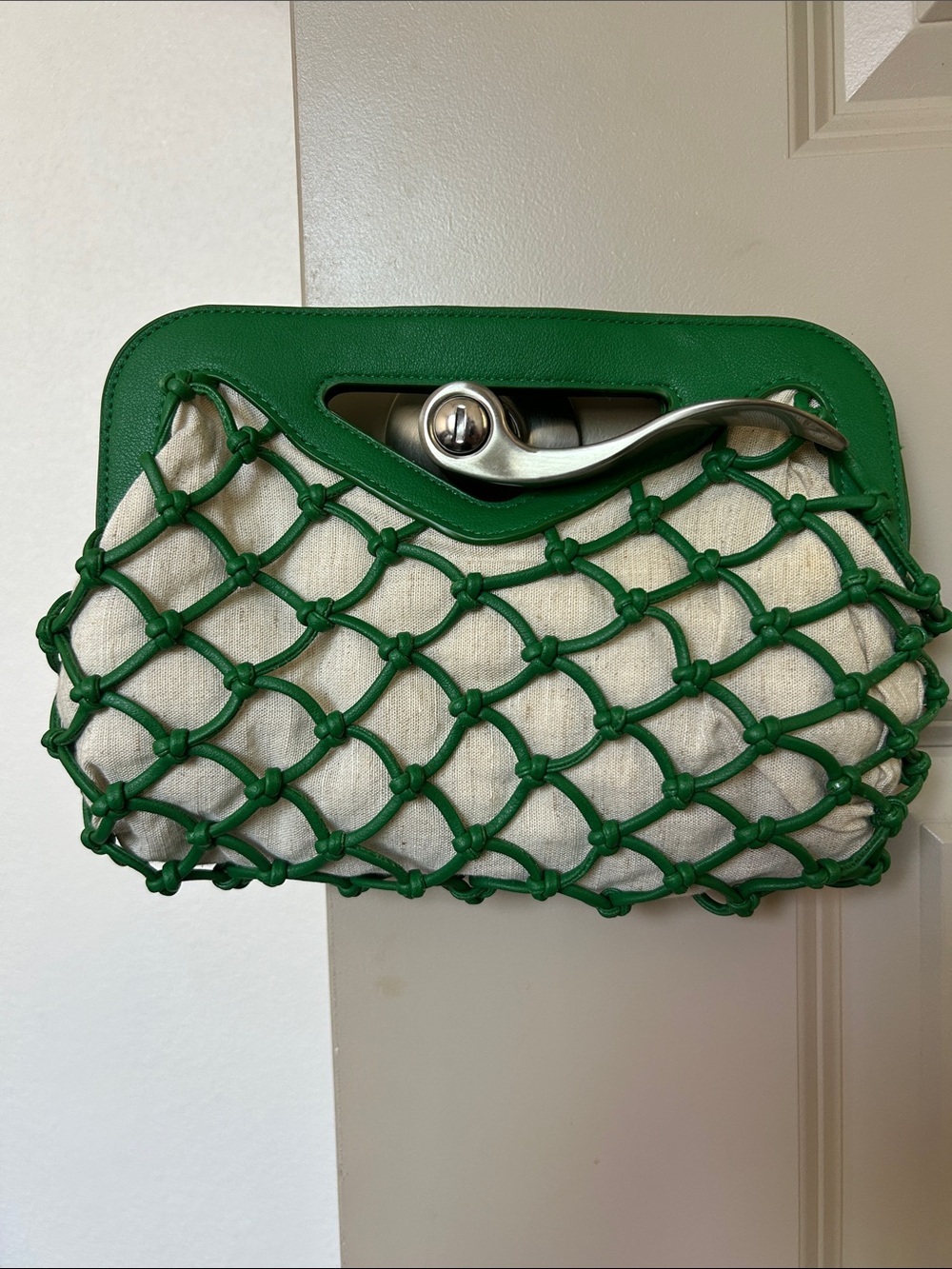 Green Knotted Net Wristlet Clutch with Cream Canvas Insert